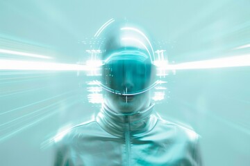 Poster - Futuristic Blurred Vision: Silver Bodysuit Figure Against Light Blue Holographic Display Background