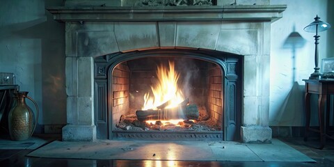 Poster - Burning fire in the fireplace with strong light and shadows , minimalism, abstract, art, flames, warmth, cozy, interior, home