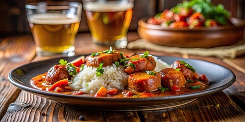 Canvas Print - Macro shot of homemade kreole rougail saucisse with rice on a wood counter in a pub, kreole, rougail, saucisse, speciality