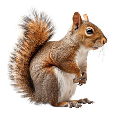 Wall Mural - a squirrel standing on hind legs with bushy tail, isolated on white background, transparent background