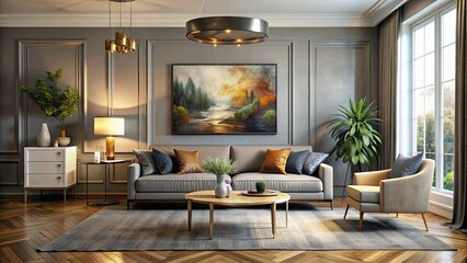 Canvas Print - Detailed render of a stylish living room showcasing an artistic painting, artistic, painting