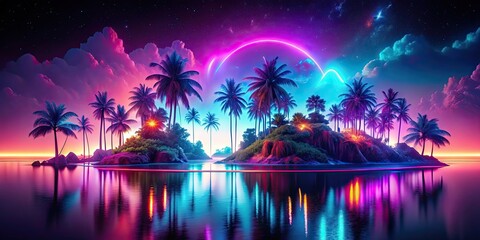 Poster - Vibrant neon island landscape at night, neon lights, island, nightlife, tropical, vibrant, glowing, illumination