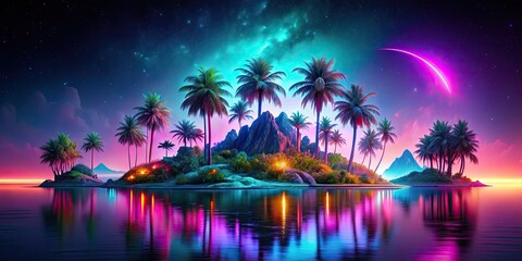 Sticker - Vibrant neon island landscape at night , glowing, colorful, illuminated, paradise, nightlife, unique, tropical