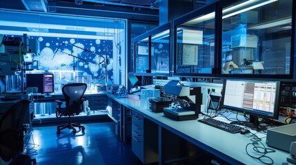 Wall Mural - An innovative lab focusing on nanotechnology, with researchers manipulating tiny particles. The room is filled with specialized instruments and computer screens.