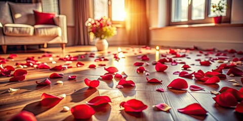 Poster - Rose petals scattered on the floor of a cozy home for a romantic Valentine's Day atmosphere , Valentine's Day, romance, love