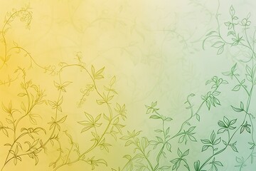 Wall Mural - A minimalist floral background with a gradient from yellow to green, featuring delicate line drawings of vines, smooth transitions, and a natural feel