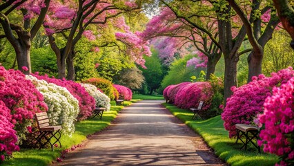 Poster - A serene pathway in the park surrounded by vibrant pink flowers, pathway, park, pink flowers, nature, outdoors, serene