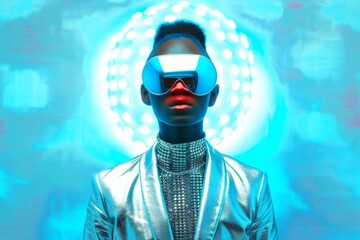 Aufkleber - Avant-Garde Fashion Shoot with African Male Model in Futuristic Silver Metallic Outfit and VR Glasses, in Minimalistic Blue-Lit Studio