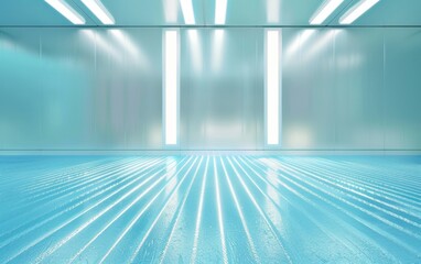 Poster - Tranquil Blue Futuristic Interior with Soft Lighting and Holographic Display, Emphasizing Minimalist Style and Serene Atmosphere