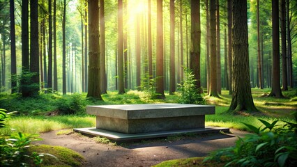 Poster - A serene forest setting with a small granite podium under dappled sunlight , forest, tranquil, serene, nature, granite