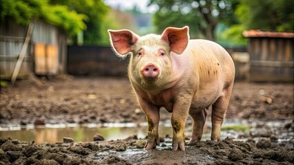 Canvas Print - A cute pig with a curly tail standing in a muddy farmyard , farm animal, livestock, agriculture, rural, pork, snout, pink