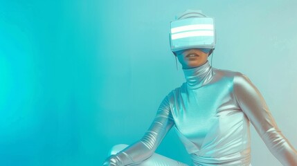 Poster - Futuristic Fashion Model in Silver Bodysuit with AR Glasses Against Soft Blue Background in a Minimalist Style