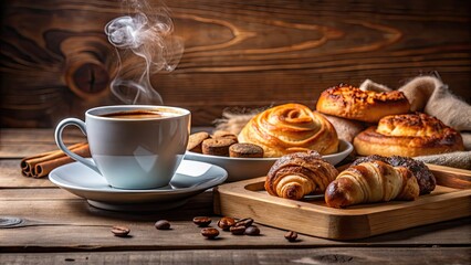 Poster - A cozy breakfast scene with a steaming cup of coffee and a spread of pastries, morning, breakfast, coffee, croissants, muffins