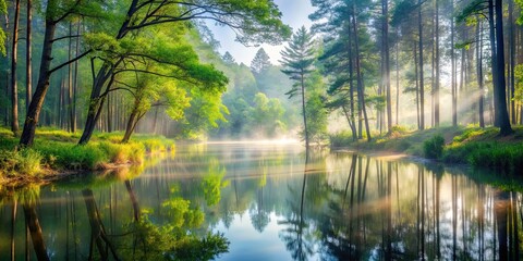 Wall Mural - A serene scene of a misty morning in a tranquil forest , mist, morning, forest, fog, nature, peaceful, serene, tranquil, trees