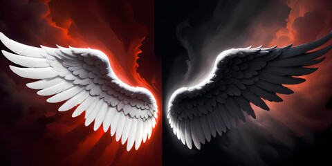 Sticker - Illustration of good versus evil: Luminous white angel wing against a shadowy red and black demon wing