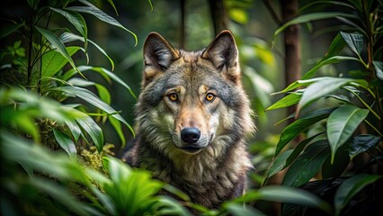 Sticker - A fierce wolf blending in the dense jungle surroundings, wolf, jungle, wildlife, predator, camouflage, nature, animal