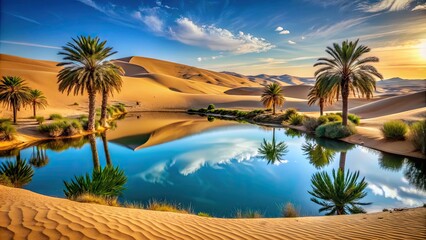 Canvas Print - A tranquil oasis in the middle of the desert , desert, oasis, water, calm, peaceful, serene, nature, landscape, isolated