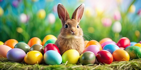 Sticker - A festive Easter bunny surrounded by colorful eggs , Easter, bunny, eggs, happy, holiday, celebration, spring, traditional