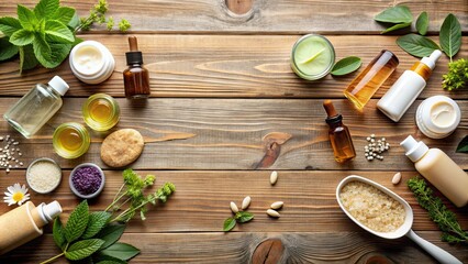 Canvas Print - Assortment of natural skincare and wellness products displayed on a wooden surface , skincare, wellness, natural, organic, beauty, health