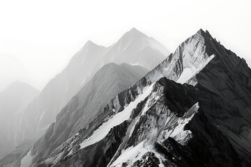 Wall Mural - A minimalist mountain range, stark contrasts, black and white colors, sharp and dramatic peaks. hd quality, natural look