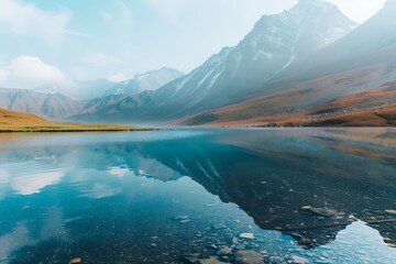 Wall Mural - A minimalist mountain reflection, still lake, soft colors, calm and expansive. hd quality, natural look