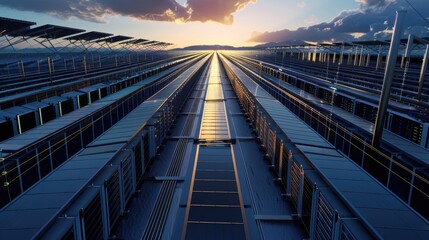 A solar-powered data center with rows of servers and cooling systems