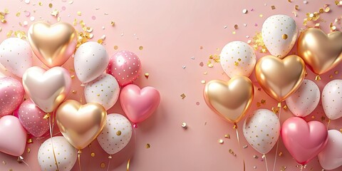 Canvas Print - Festive birthday celebration with heart-shaped pink, gold, white balloons and pastel tones confetti, birthday, party