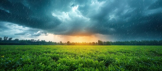 Canvas Print - Rainy Sunset Over Lush Green Meadow