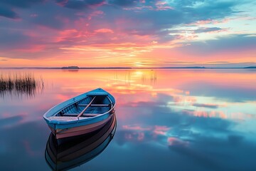 Wall Mural - A minimalist rowing boat on a calm, glassy lake, reflecting a vibrant, pastel-colored sky at sunrise