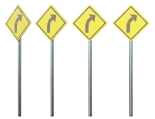 Set of 3d right curve ahead signs with transparent background, 3d render, PNG, right curve ahead sign