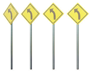 Set of 3d left curve ahead signs with transparent background, 3d render, PNG, left curve ahead sign