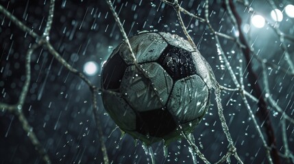 Poster - a ball strikes the top corn of the goal, close on the ball, night, dramatic scene, at soccer stadium, near top corner of the goal, raining, photo taken with nikon d750, 35 mm lens, f1/8, cinematic lig