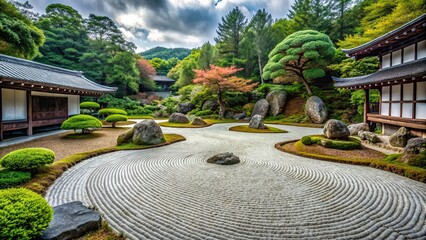 Sticker - Stunning Japanese zen garden with Wabi Sabi aesthetics, perfect for travel magazine photography, Japanese, garden