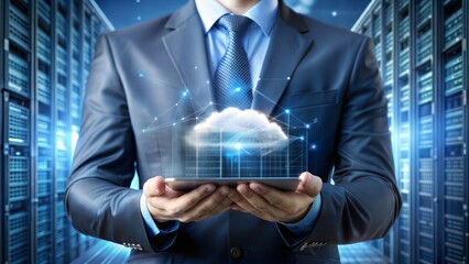 Wall Mural - businessman holding cloud share computing-technology