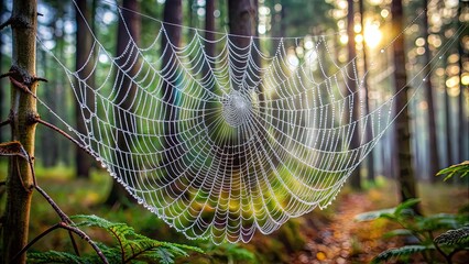 Sticker - A close-up photo of a dew-covered spider web in a forest , nature, lens, macro, close-up, detailed, spider web, dew