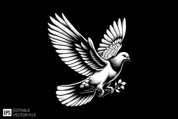 Pigeon flying illustration black and white silhouette graphic clip art vector design