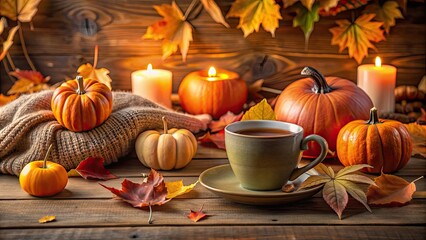 Wall Mural - A cozy autumn still life scene with pumpkins, leaves, candles, and a warm cup of tea , autumn, still life, cozy, pumpkins, leaves