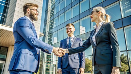 Sticker -  business people shaking hands outside office build.