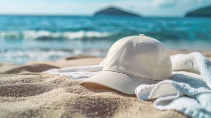 A white baseball cap resting on sandy beach with the ocean and distant islands in the background.