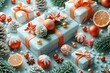 © Benjawan - Illustration style brief in 3D vectors of holiday decorations and gifts, with drop shadows, gradient highlights, and vibrant colors, white background, 3D Rendering, isometric