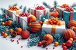 © Benjawan - Illustration style brief in 3D vectors of holiday decorations and gifts, with drop shadows, gradient highlights, and vibrant colors, white background, 3D Rendering, isometric