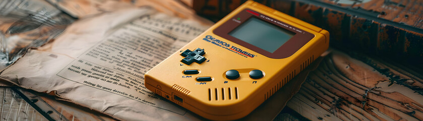 Poster - Game Boy with Obsolete Certificate and Retro Game Cartridge Against Whimsical Background   Nostalgic Photo Realistic Concept for Graphic Design