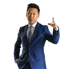 Young businessman in a suit pointing with fingers, business concept graphic element on transparent background