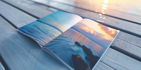 Canvas Print - Open Magazine on Wooden Deck with Sea Sunset Images