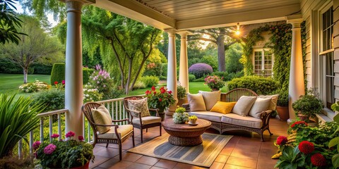 Poster - A cozy porch nestled in a lush garden setting , porch, garden, outdoor, nature, relaxation, home, exterior, greenery