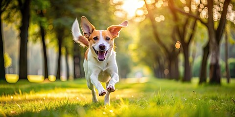 Sticker - A dog with floppy ears and wagging tail running joyfully in the park , Dog, running, park, pet, happy, joyful, playful