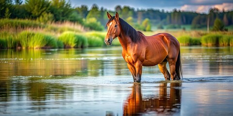 Wall Mural - A beautiful brown horse calmly standing in shallow water in a serene natural setting , horse, water, animal, nature, peaceful