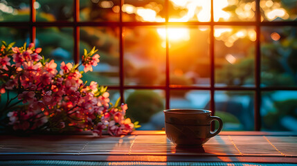 Wall Mural - Tasse devant la fenêtre au lever du soleil