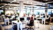 © N7 - Office Floor Plan Blur - A blurred background of an open office floor plan with various workstations.