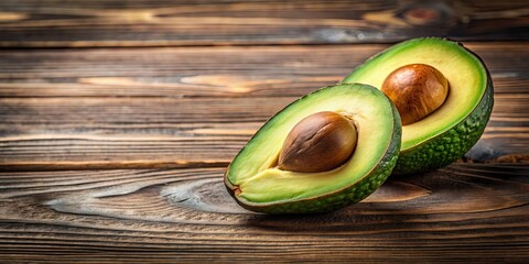 Poster - A fresh avocado cut in half on a wooden table, avocado, ripe, green, healthy, organic, fruit, food